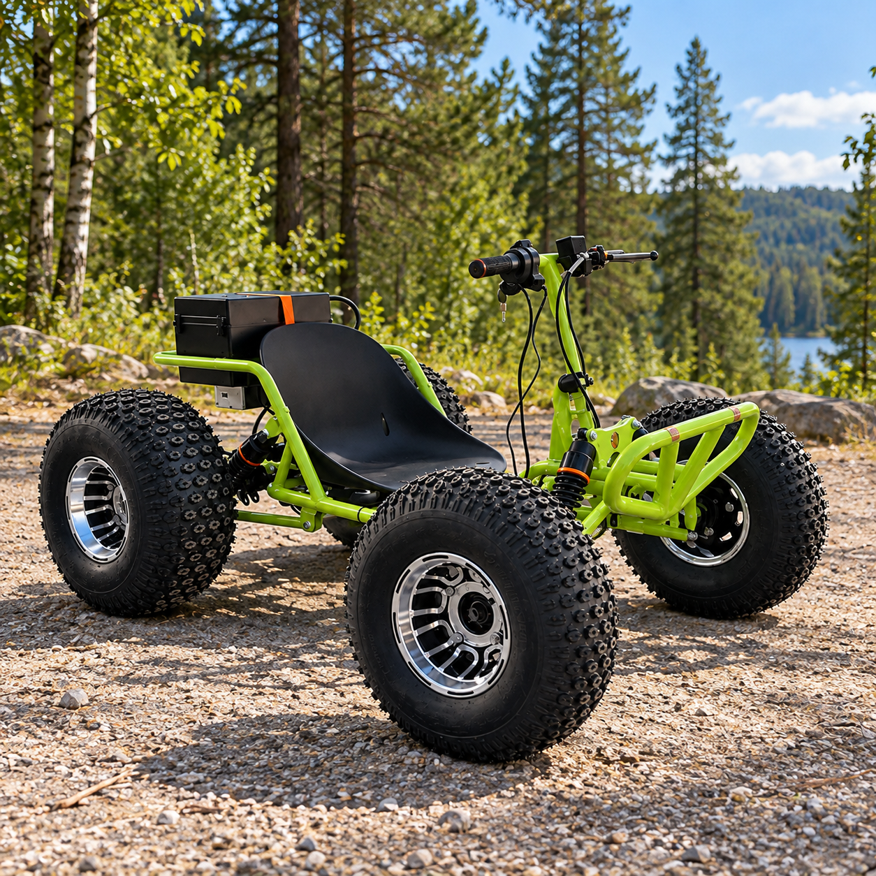 Lime green low-frame electric drift kart with handlebar steering and four wide tires